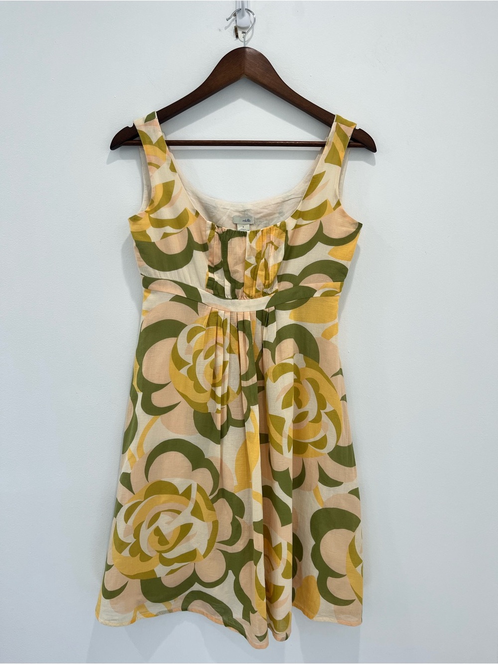 ANTHROPOLOGIE Odille Sleeveless Floral A-Line Babydoll Dress in Olive & Yellow